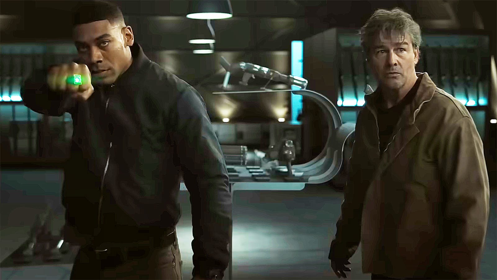 John Stewarts wielding the ring, standing beside Hal Jordan